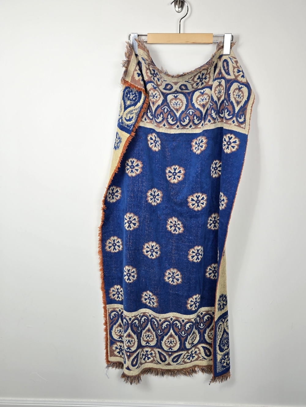 Vintage Fieldcrest Blue Paisley Cotton Towel 44x24 Boho Floral Fringe Bath